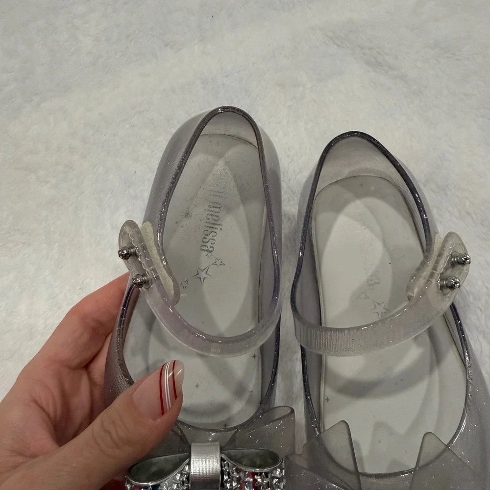 Mini Melissa‎ Glitter Bow Jelly Mary Jane Flats Size 7 Toddler Kids Silver Shoes